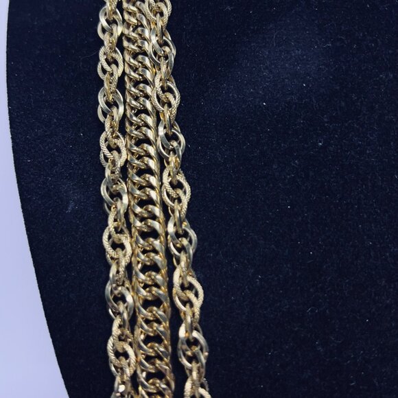 TAN Gold Tone Chunky Triple Strand Necklace With Floral Hook Clasp (5636) - Picture 3 of 6